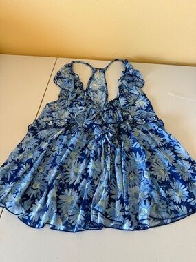 Free People Blue Floral Ruffle Top